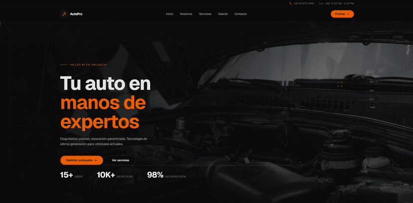 AutoPro - Página web para taller automotriz con diseño oscuro y premium, servicios de diagnóstico, catálogo de servicios y sistema de citas para talleres mecánicos.
