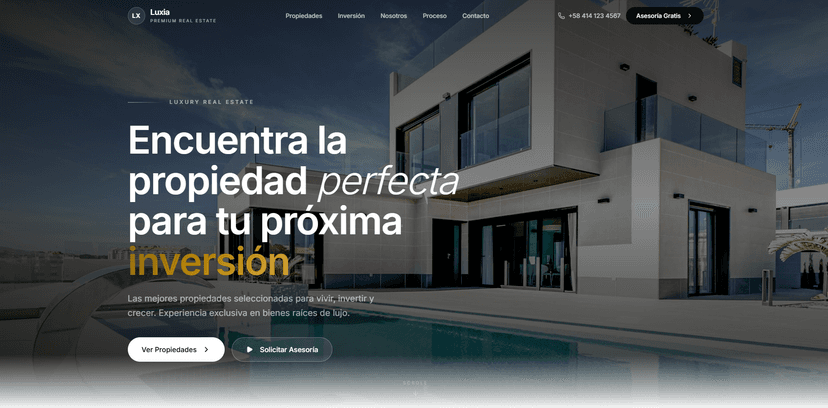 Inmobiliaria Luxia - Plataforma de bienes raíces de lujo con catálogo de propiedades, filtros de búsqueda, asesoría personalizada y diseño premium para inversores y compradores exigentes.